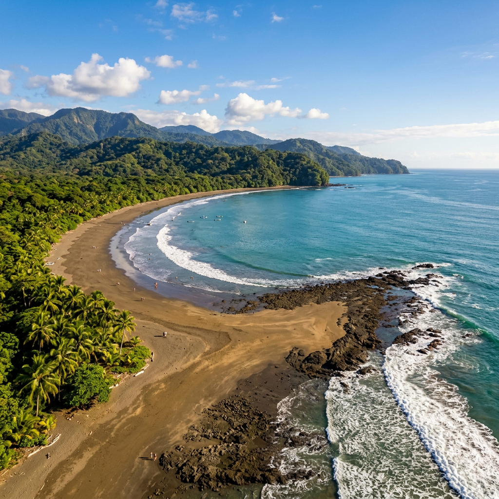 Curved tropical beach with turquoise water, waves, rocky shore, and dense green forest